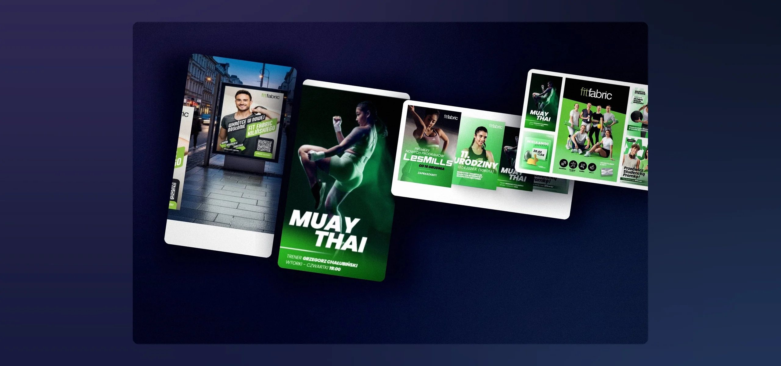 Cztery kreacje systemu FitFabric: plakat otwarcia, kafel zajęć, zapowiedzi programów i materiały klubowe